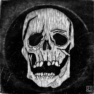 Cracked skull in on black circular background surrounded by grey.